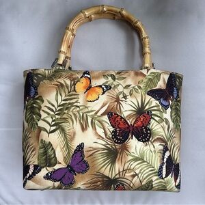Butterfly Print Bamboo Handle Tote Bag